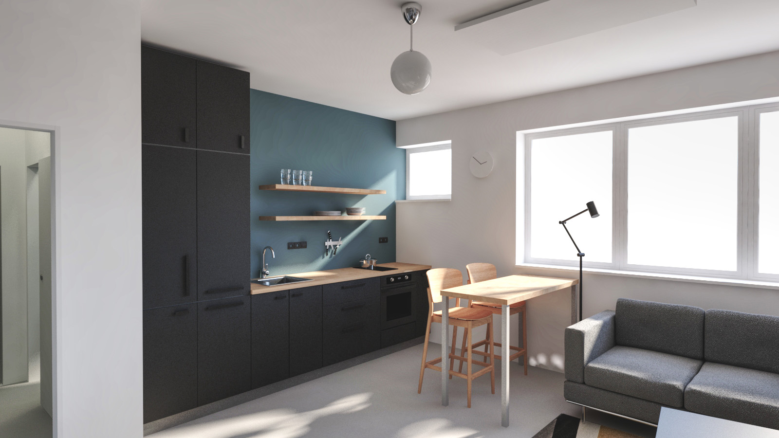living room with black kitchen counter with wooden elements
