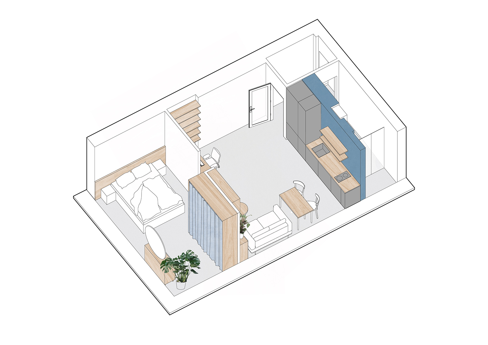 axonometrie interiéru bytu s dřevěným nábytkem a modrými doplňky